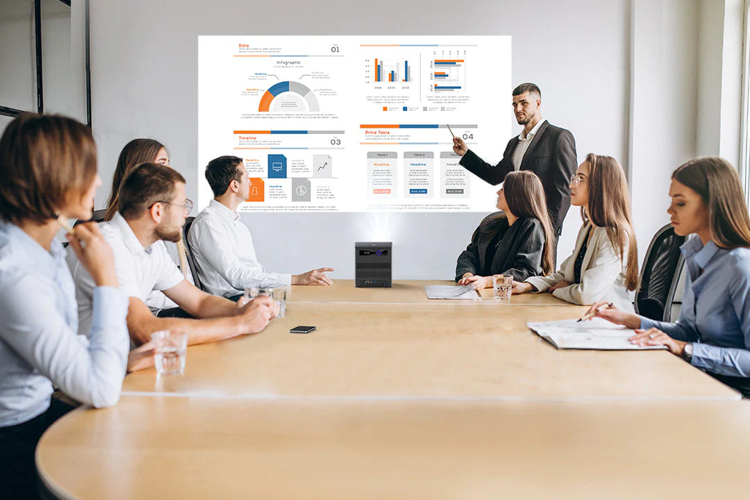 Professional presenting business insights to a suited audience in a boardroom